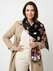 Sciarpa 68x165 Stola in pura seta raso stampato Nero Flover