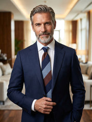 Cravatta 3 pieghe sfoderata blu/marrone in seta shantung TRIGA