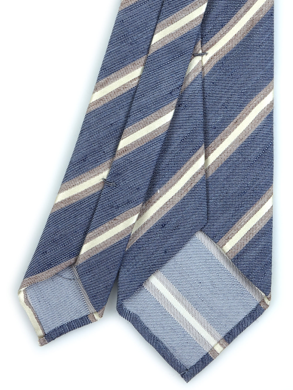 Cravatta 3 pieghe sfoderata in lino e seta blu con righe regimental marroni e beige