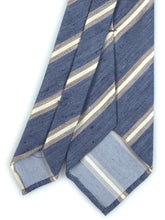 Cravatta 3 pieghe sfoderata in lino e seta blu con righe regimental marroni e beige