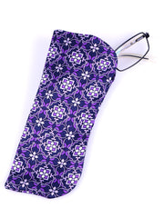 Portaocchiali blu con disegno viola in seta stampata