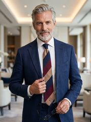 Cravatta 3 pieghe sfoderata in seta shantung blu scuro/beige TRIGA