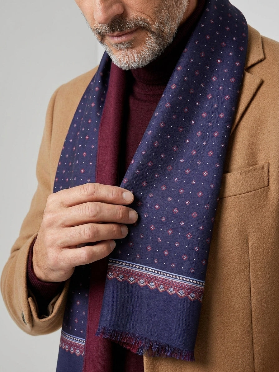 Sciarpa blu navy doppiata in seta\lana stampata MAFFEY