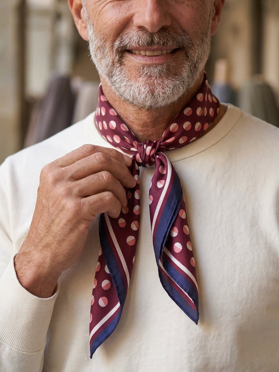 Foulard uomo a pois bordeaux e blu navy in seta stampata SMEAGOL