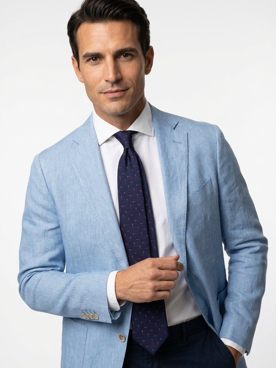 Cravatta sartoriale LUCK in seta tessuta Blu con charme in argento