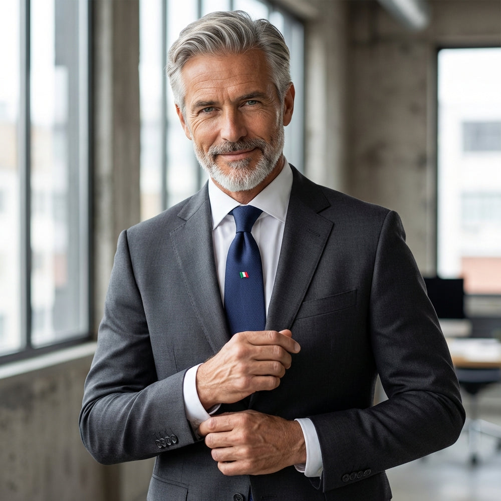 Cravatta 3 pieghe BANDIERA in seta Blu Scuro