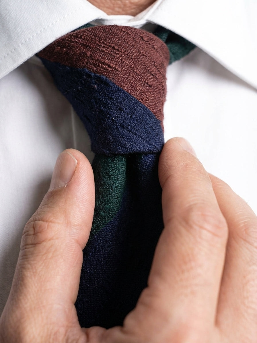 Cravatta 3 pieghe sfoderata marrone/verde in seta shantung TRIGA