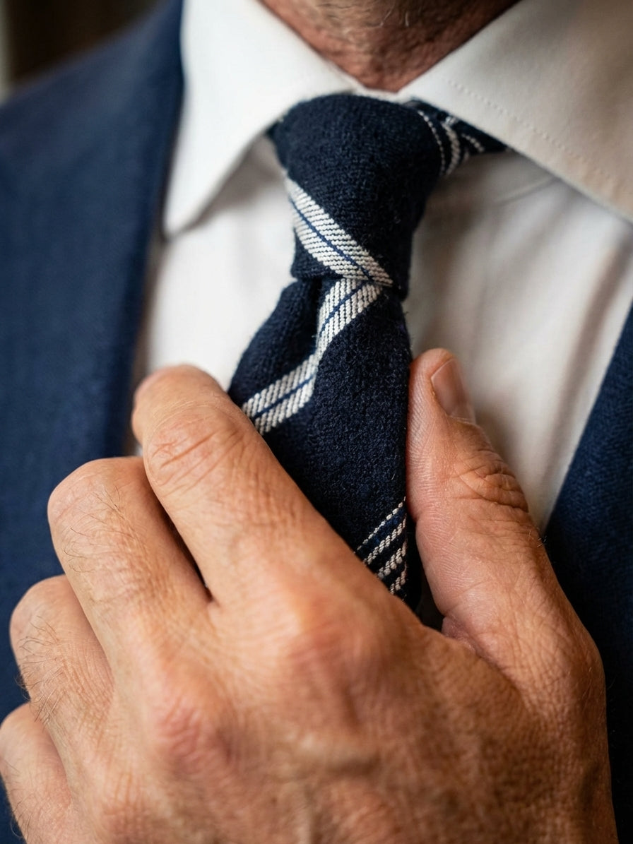 Cravatta 3 pieghe blu/bianco sfoderata in seta shantung SELLY