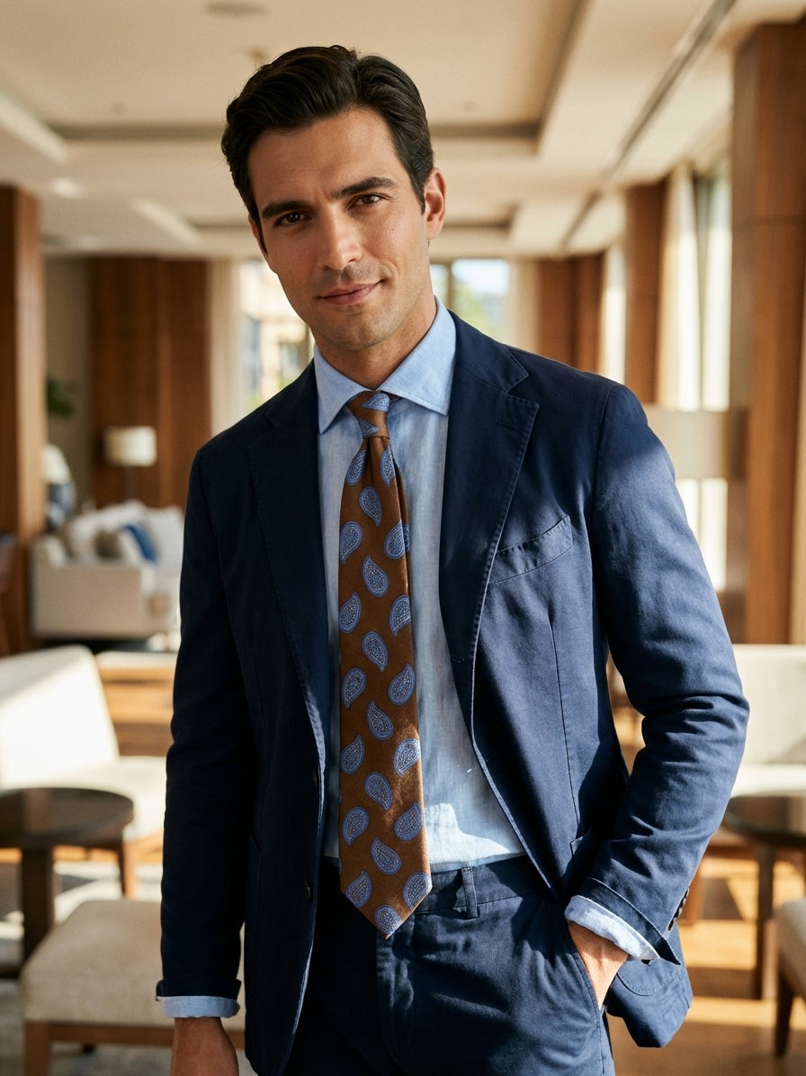 Cravatta 3 pieghe sfoderata BANE seta\lino marrone chiaro