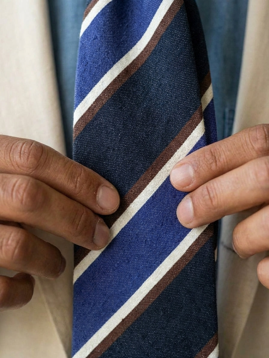 Cravatta 3 pieghe sfoderata blu scuro in seta bourette LORETTA