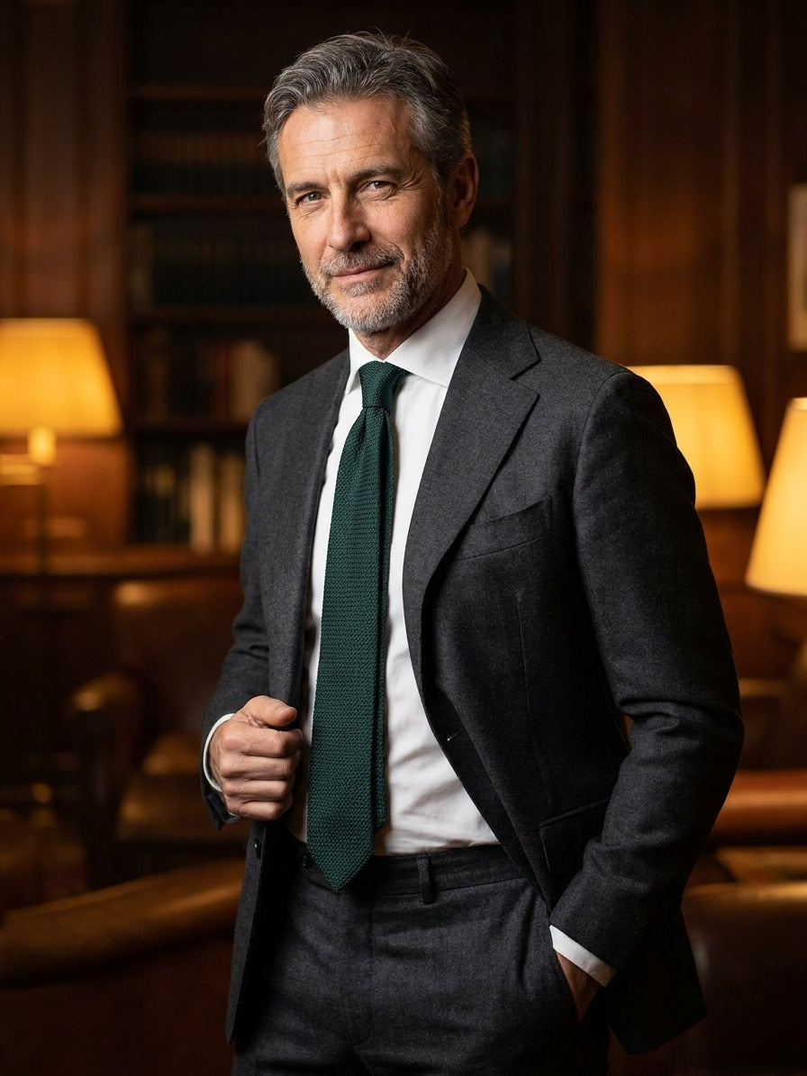 Cravatta 3 Pieghe RUBINO garza in seta verde scuro