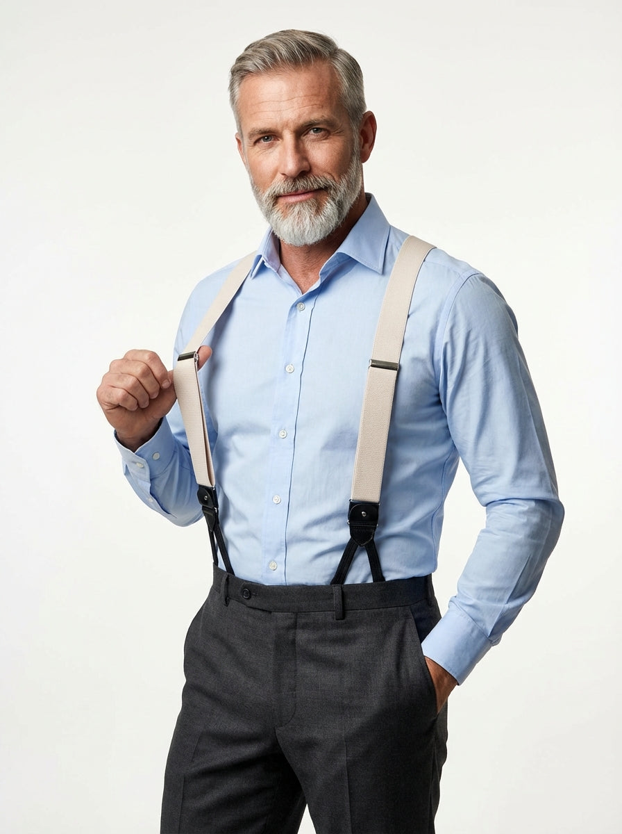 Bretella a Y in elastico con lacci clip e componenti in pelle nera ELASTIC Avorio