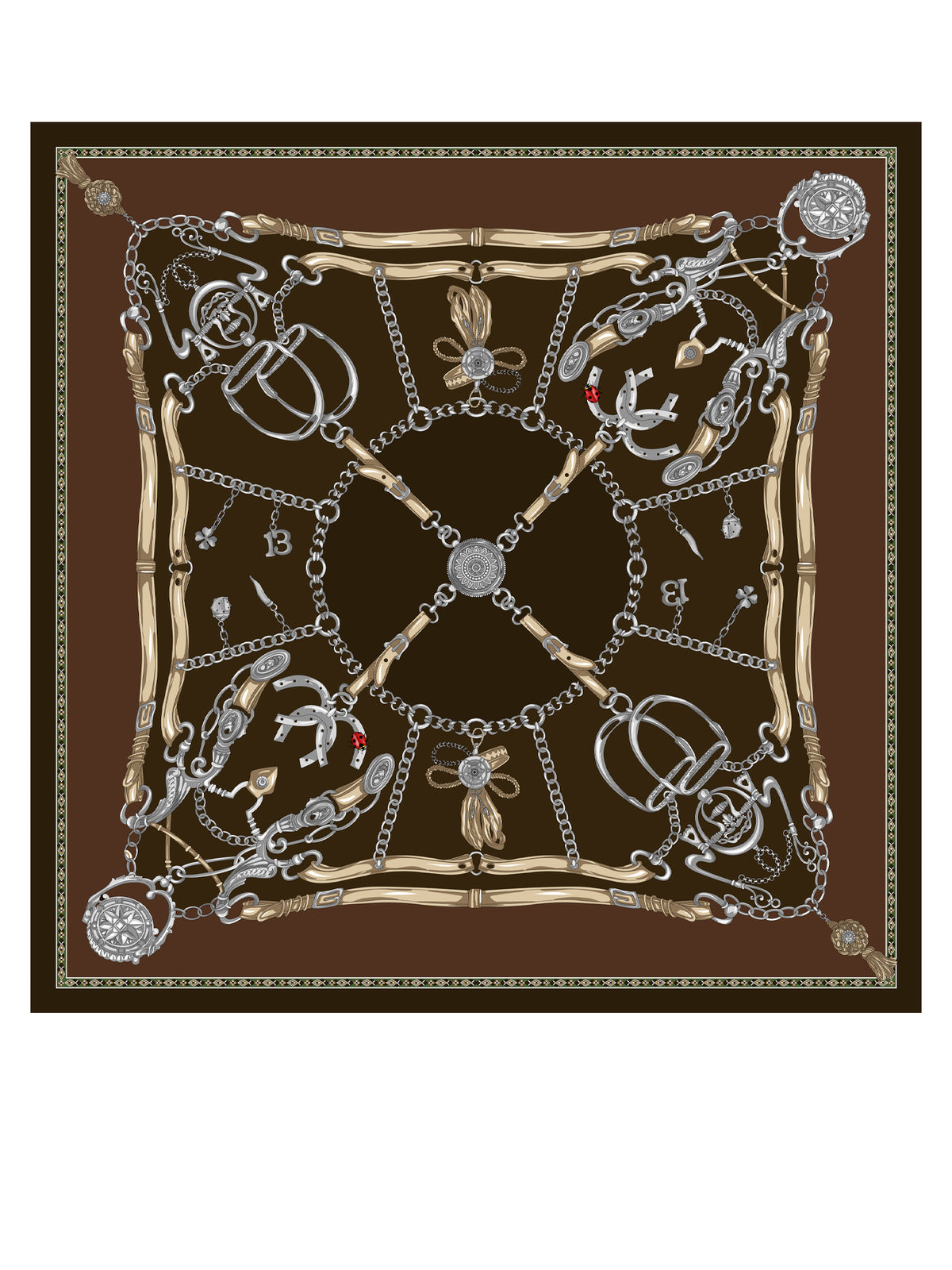 Foulard marrone 90x90cm in seta stampata GOOD LUCK
