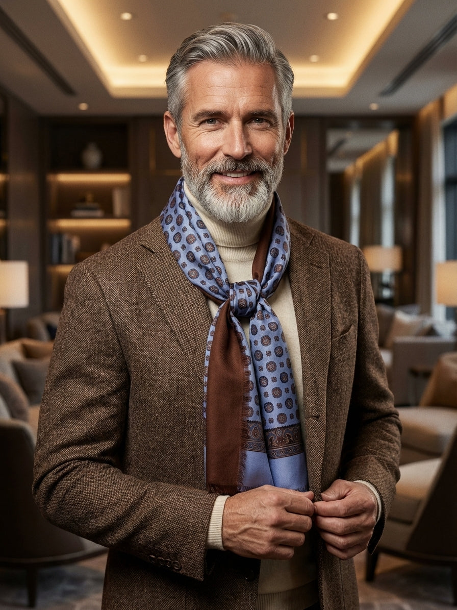 Sciarpa doppiata in seta\lana stampata MIMOSA celeste