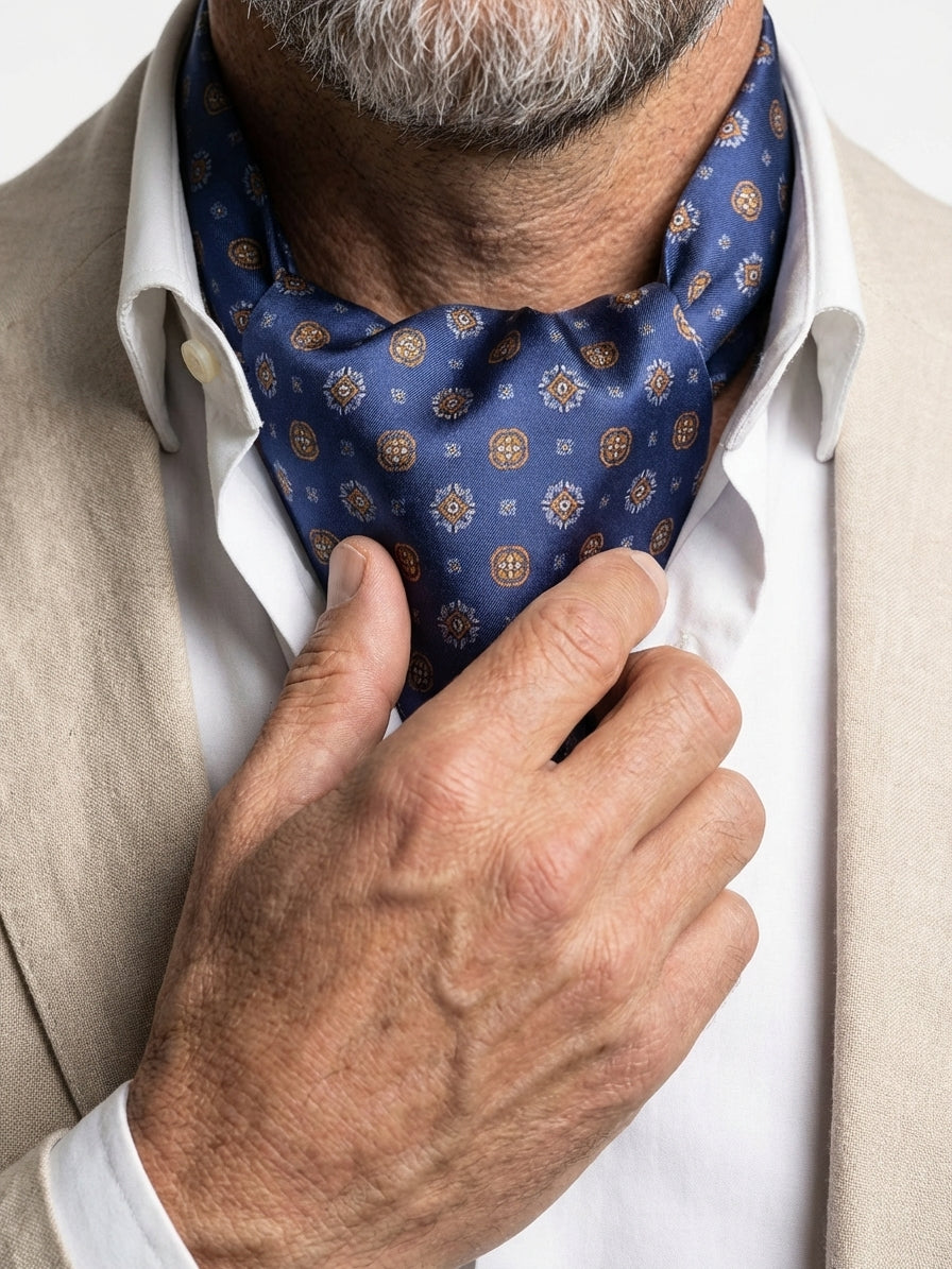 Ascot doppia punta blu in seta raso stampata BASTIK