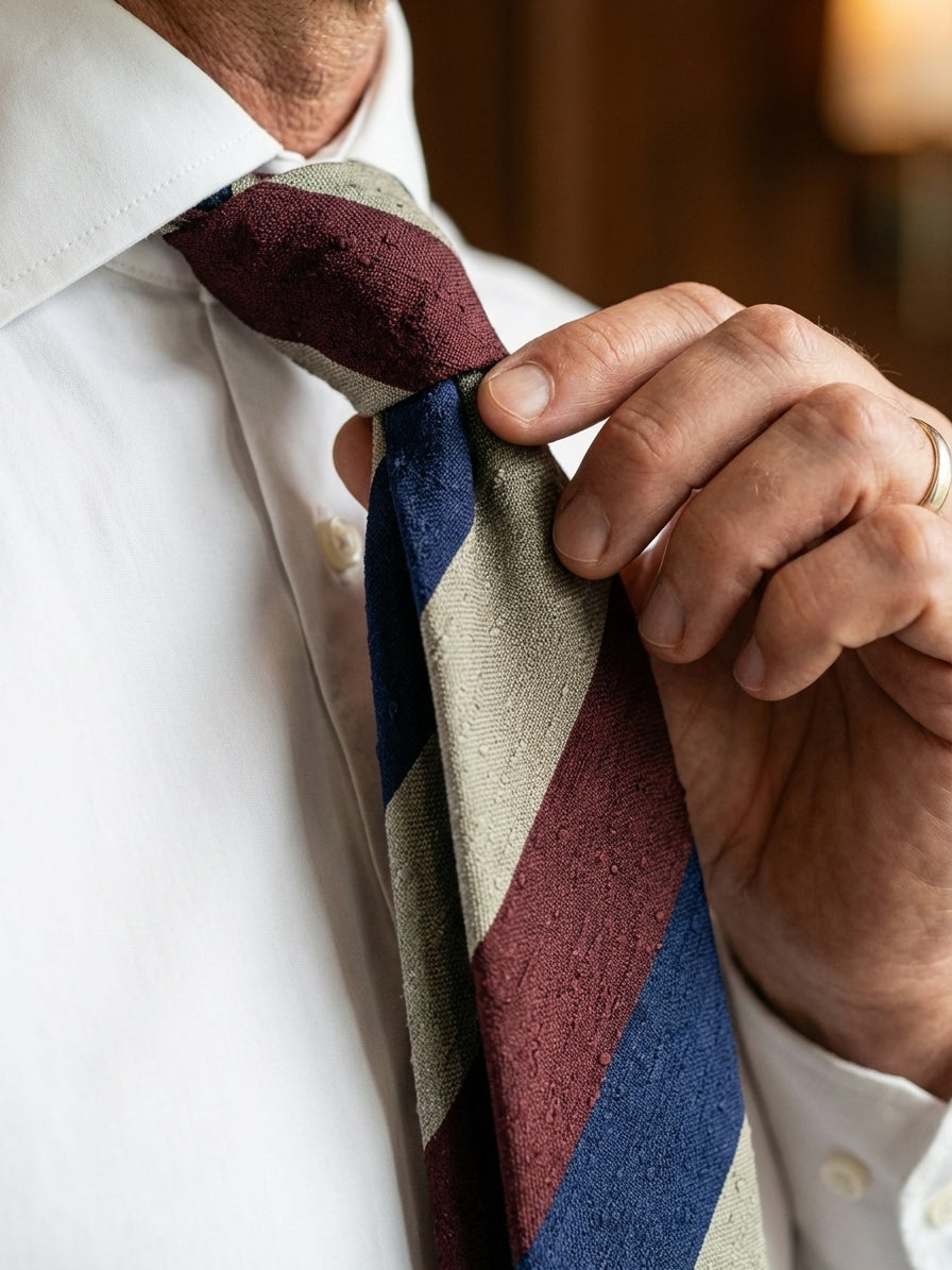 Cravatta 3 pieghe sfoderata verde chiaro/blu/marrone in seta shantung TRIGA