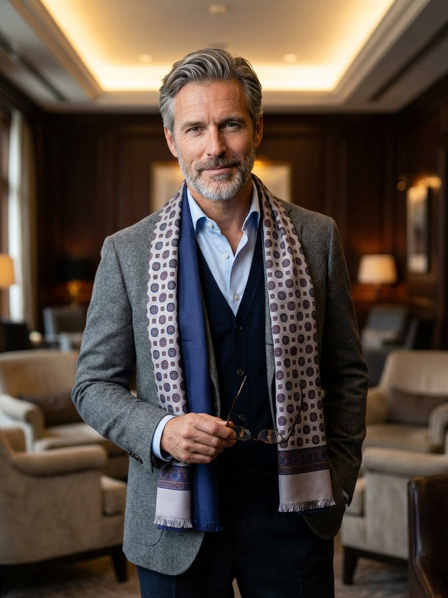 Sciarpa doppiata in seta\lana stampata MIMOSA grigio