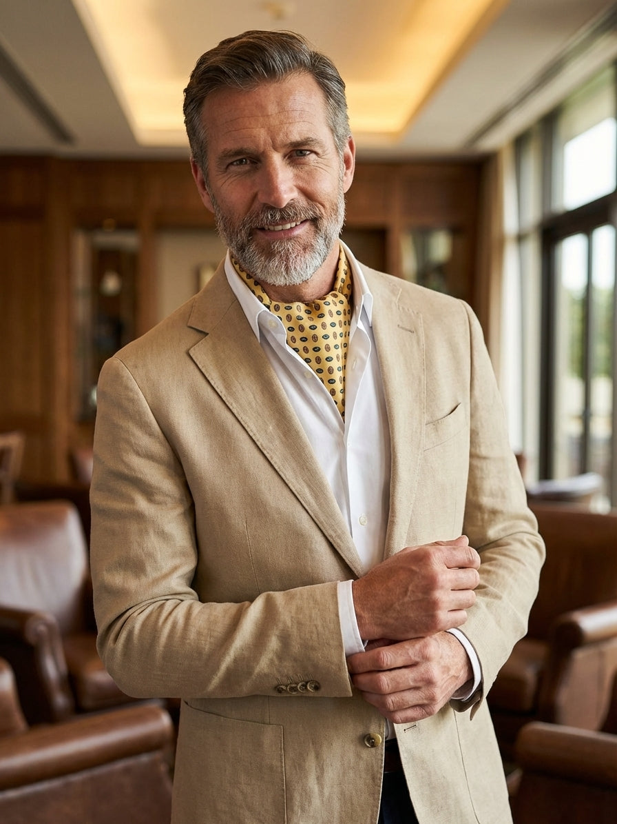 Ascot doppia punta giallo in seta inglese stampata COFFEE
