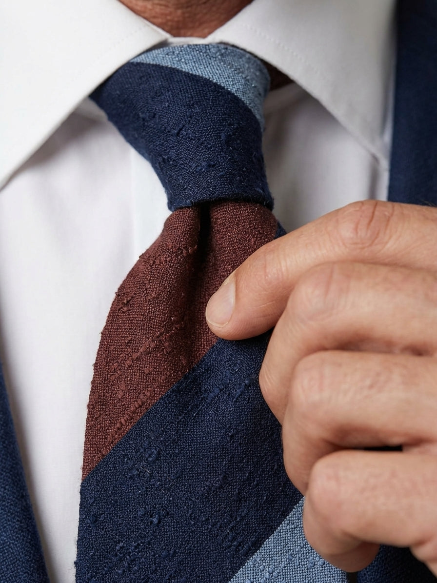 Cravatta 3 pieghe sfoderata blu/marrone in seta shantung TRIGA