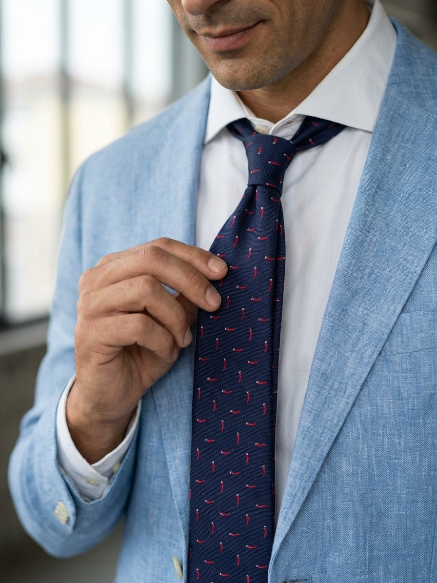 Cravatta sartoriale LUCK in seta tessuta Blu con charme in argento