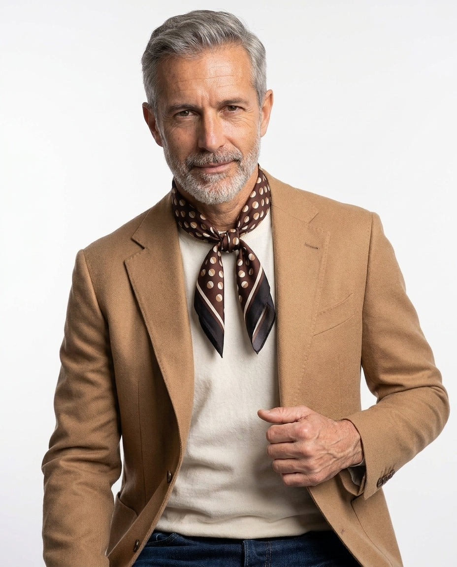 Foulard uomo a pois marrone e nero in seta stampata SMEAGOL