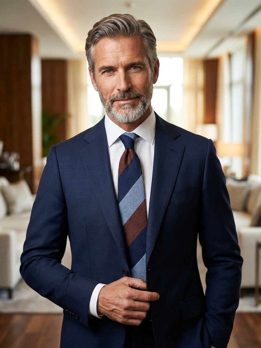 Cravatta 3 pieghe sfoderata blu/marrone in seta shantung TRIGA