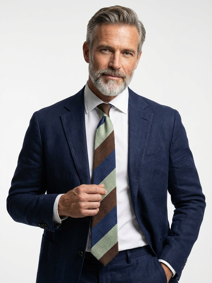 Cravatta 3 pieghe sfoderata verde chiaro/blu/marrone in seta shantung TRIGA