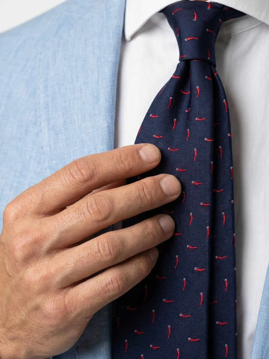 Cravatta sartoriale LUCK in seta tessuta Blu con charme in argento