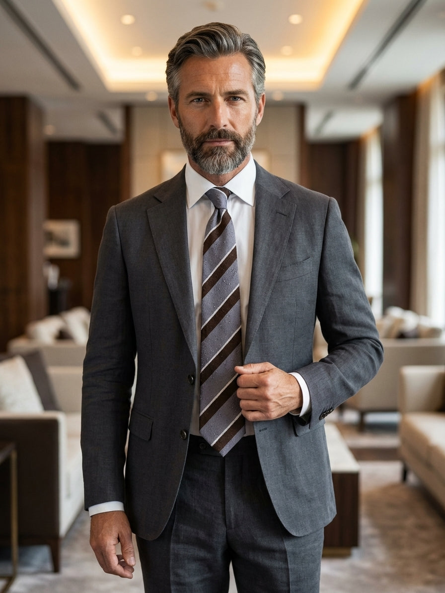 Cravatta 3 pieghe grigio/marrone sfoderata in seta shantung BRISEIDE