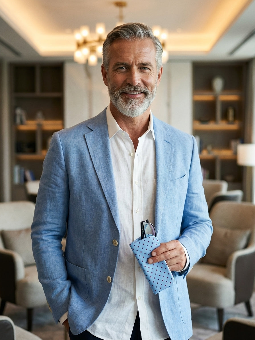 Portaocchiali celeste Severi in seta stampata inglese