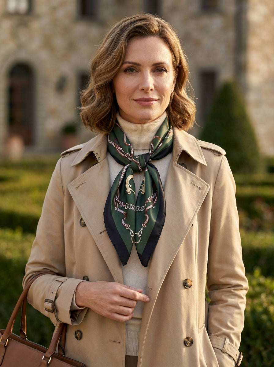 Foulard verde 70x70cm in seta stampata REINS