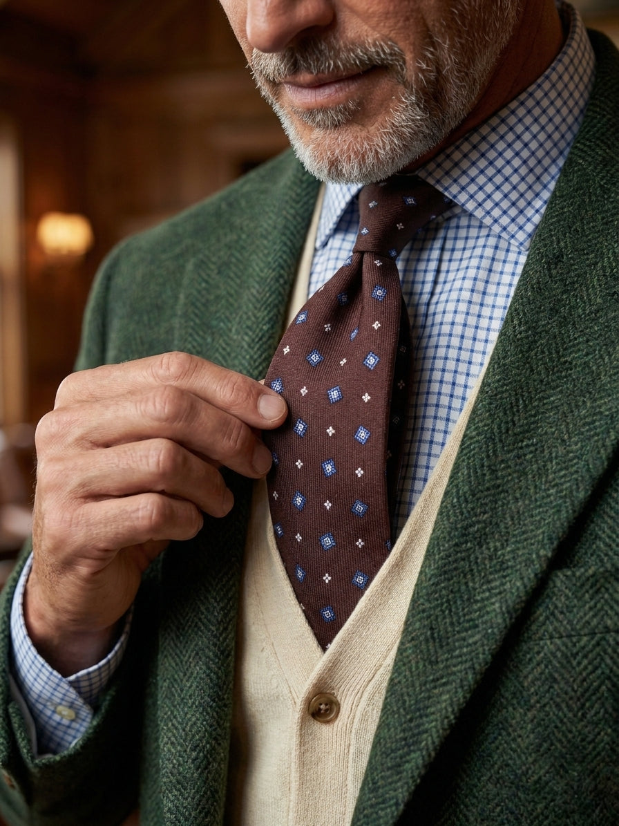 Cravatta marrone 3 Pieghe FELIX in lana challis stampata inglese