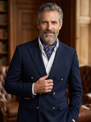 Ascot doppia punta blu in seta raso stampata LEVIOSO