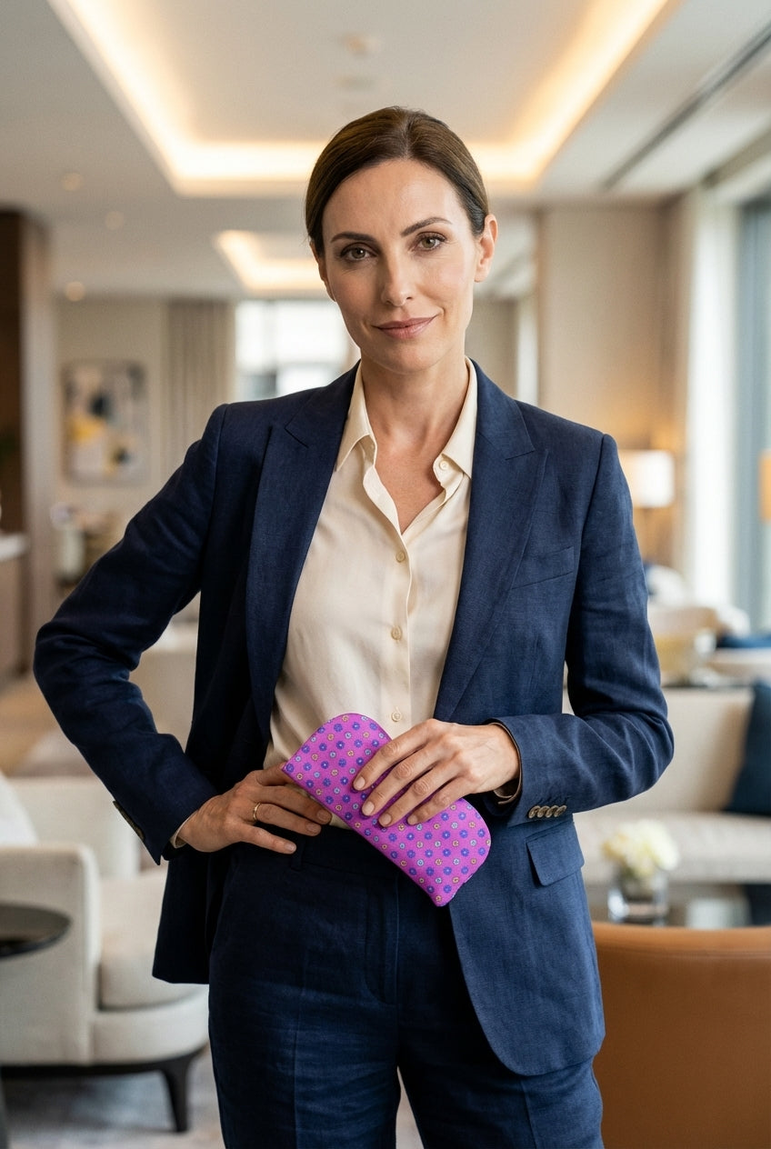 Portaocchiali viola in seta stampata inglese