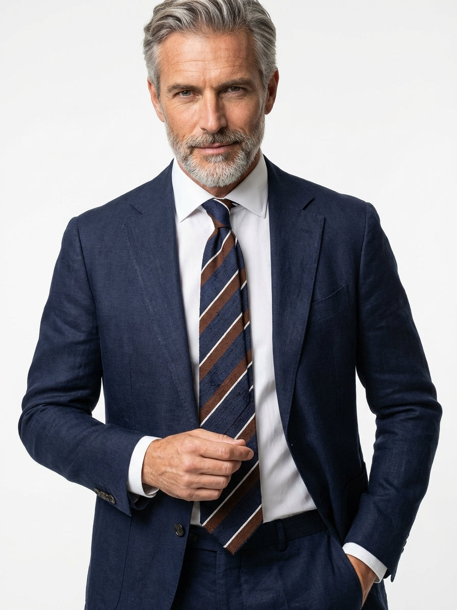 Cravatta 3 pieghe blu/marrone sfoderata in pura seta shantung BRISEIDE