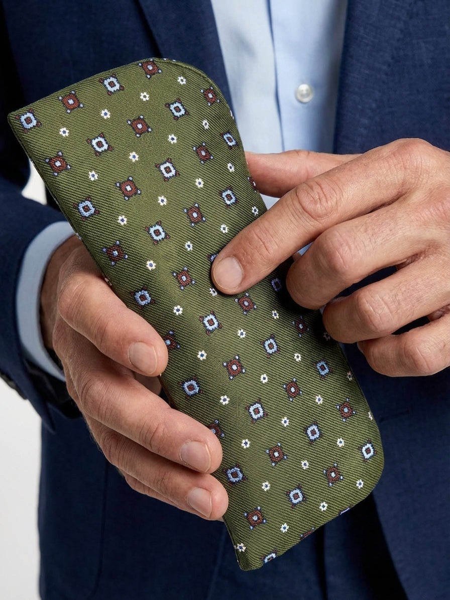 Portaocchiali verde OLIMPIA in seta stampata inglese