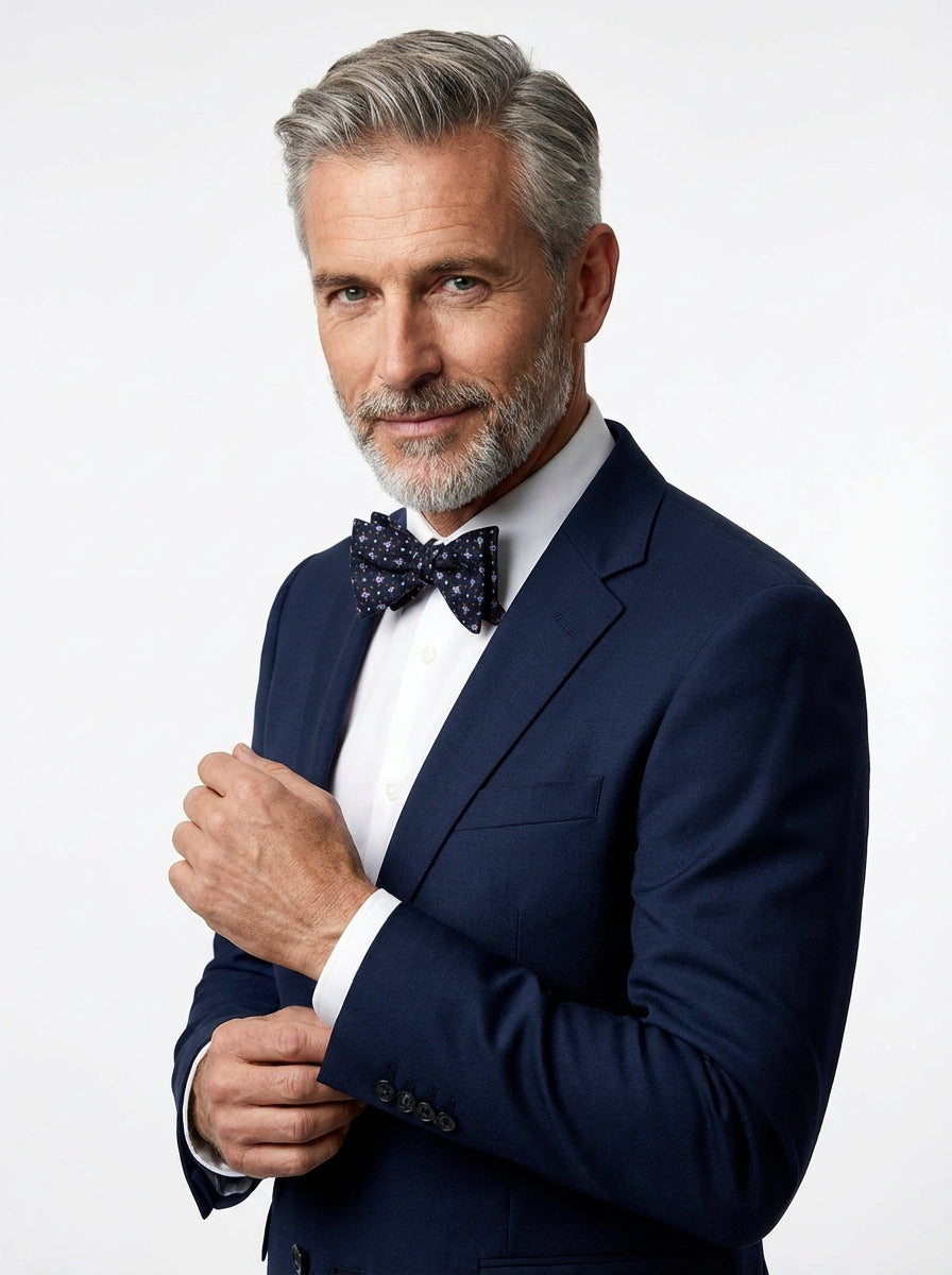 Papillon da annodare blu scuro SIMONE in seta inglese stampata