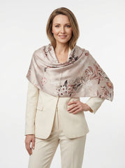 Sciarpa stola beige chiaro in pura seta raso stampata ROMANTIC