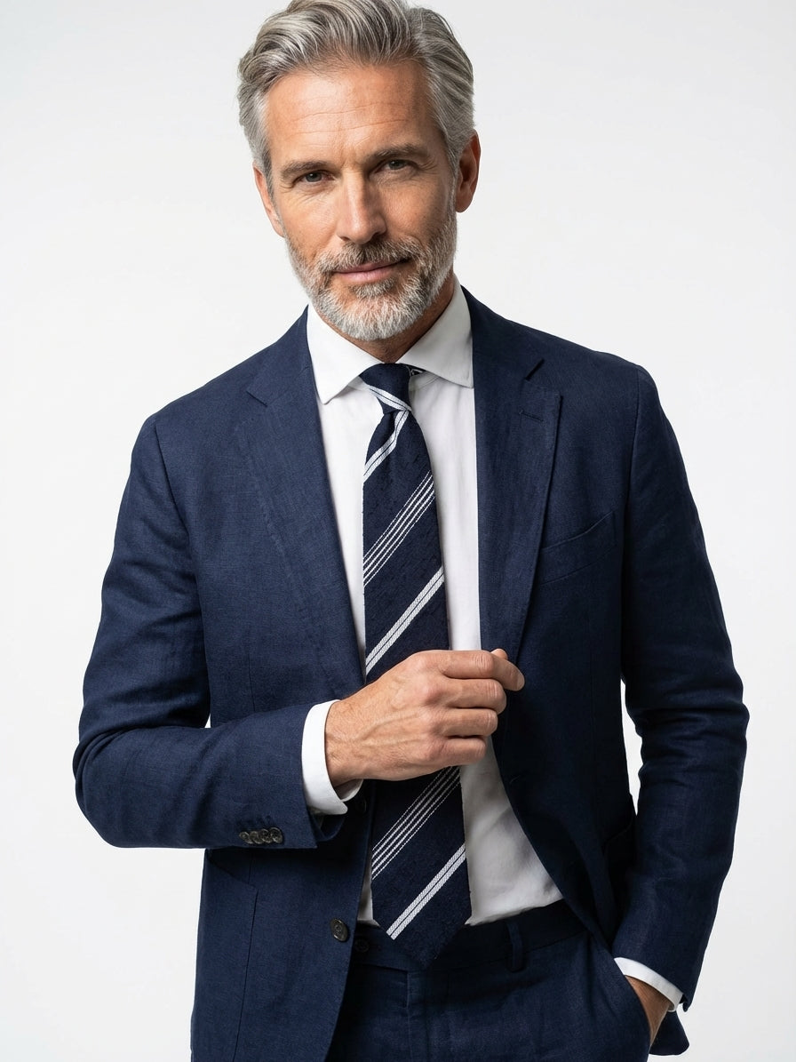 Cravatta 3 pieghe blu/bianco sfoderata in seta shantung SELLY