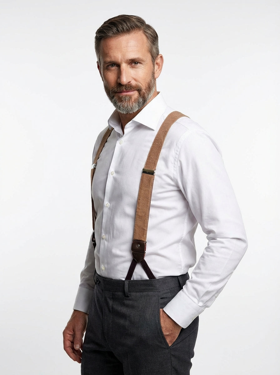 Bretella a Y in seta shantung baige con lacci in tessuto e clip FARMA