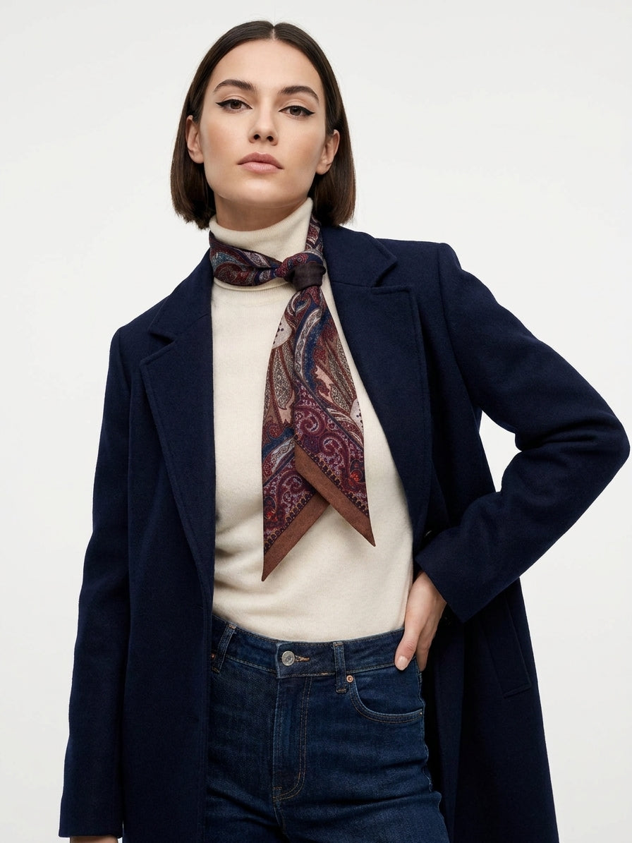 Foulard Twilly double face marrone in lana stampata WOOLLY