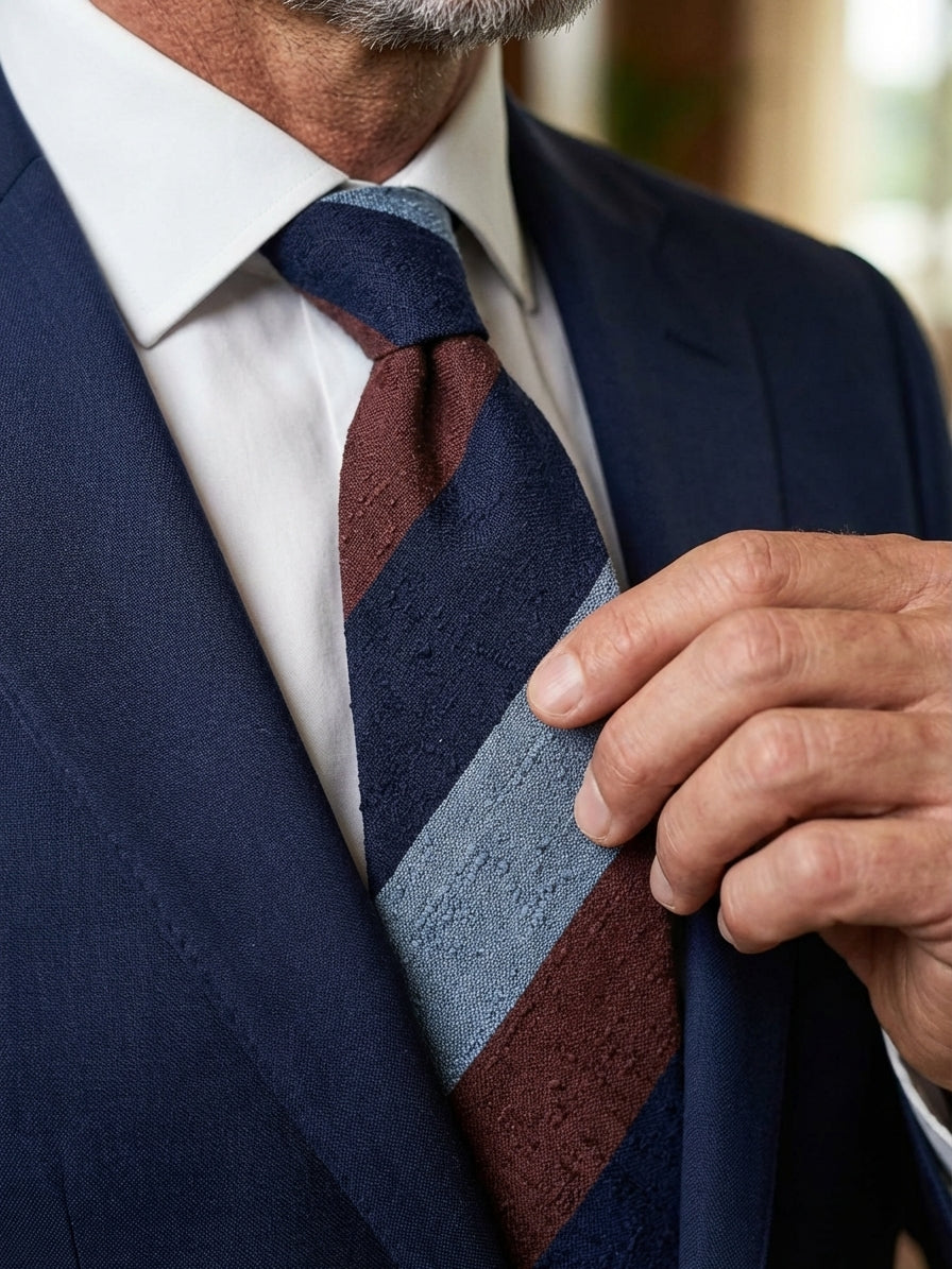 Cravatta 3 pieghe sfoderata blu/marrone in seta shantung TRIGA