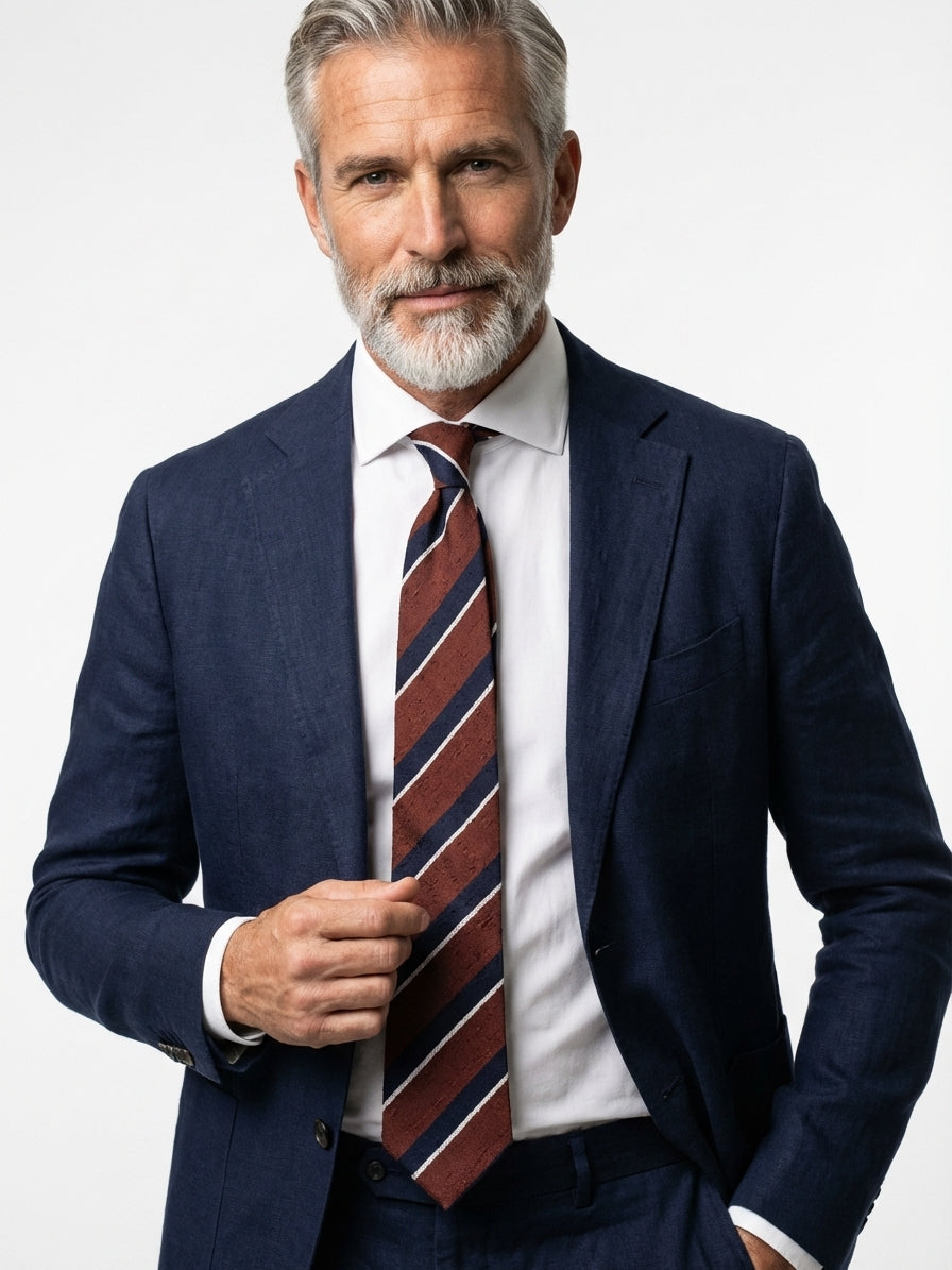 Cravatta 3 pieghe marrone/blu sfoderata in seta shantung BRISEIDE