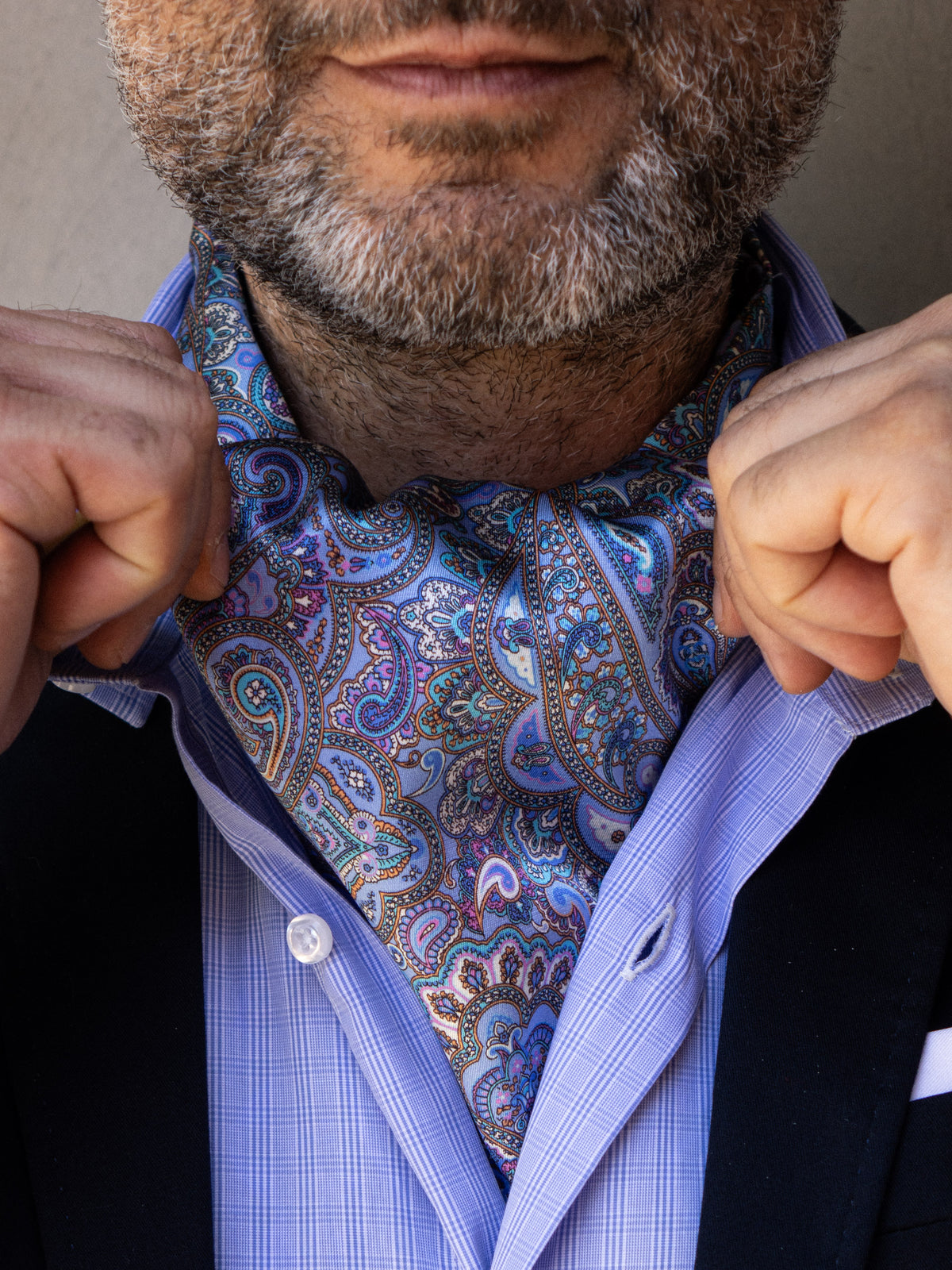 Light blue men's Ascot in ELEGANCE printed silk satin