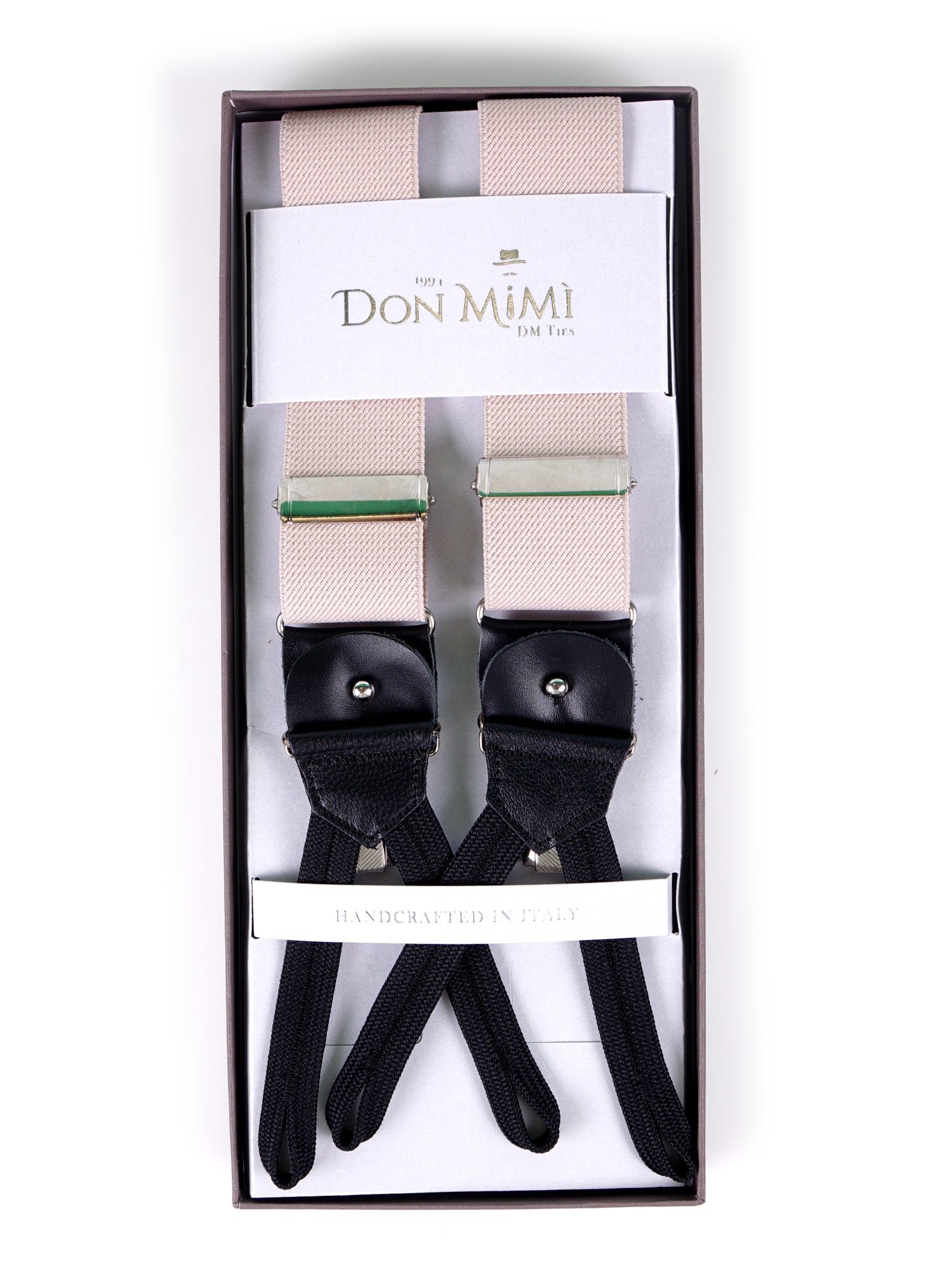 Bretella a Y in elastico con lacci clip e componenti in pelle nera ELASTIC Avorio