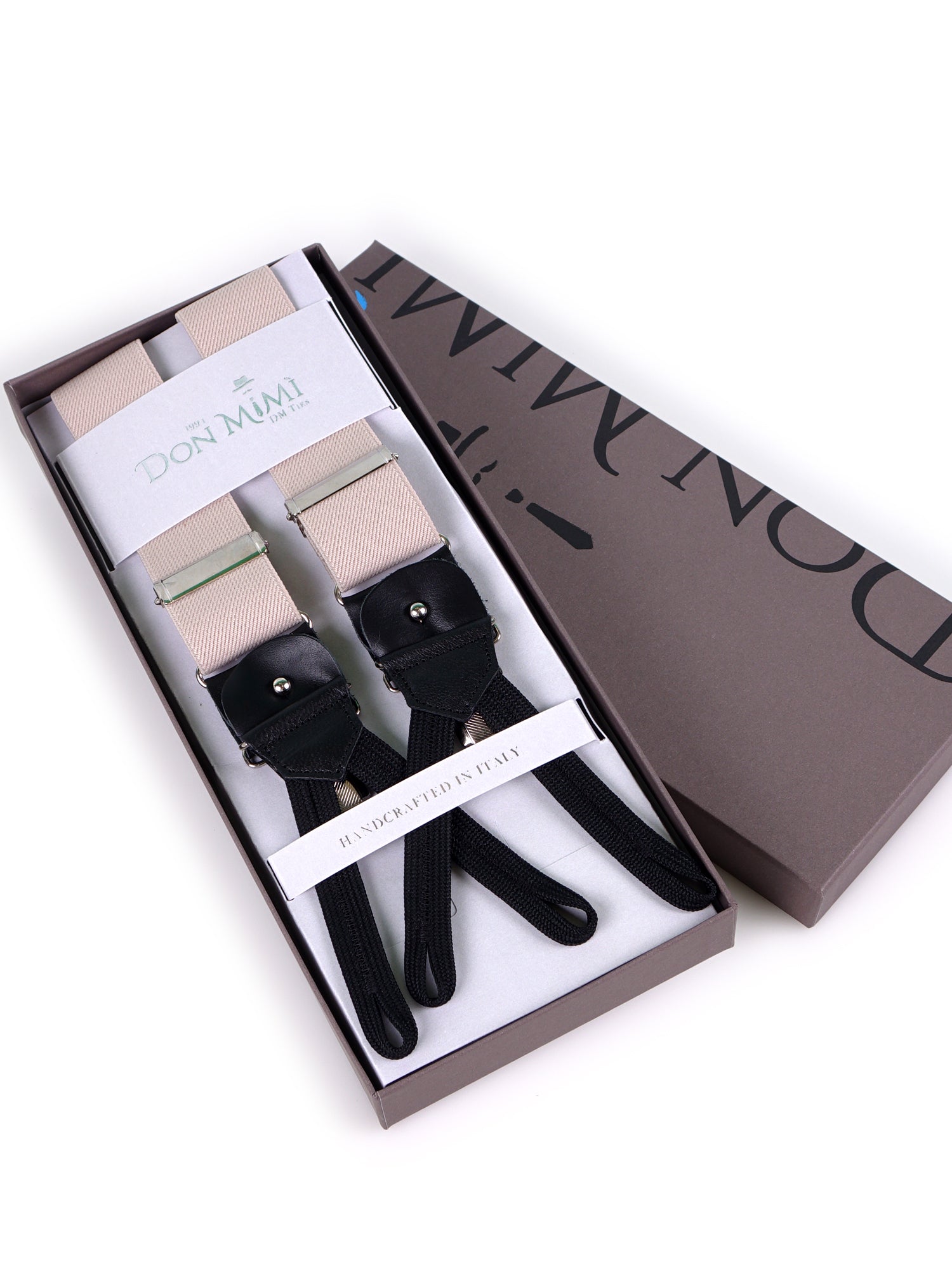 Bretella a Y in elastico con lacci clip e componenti in pelle nera ELASTIC Avorio