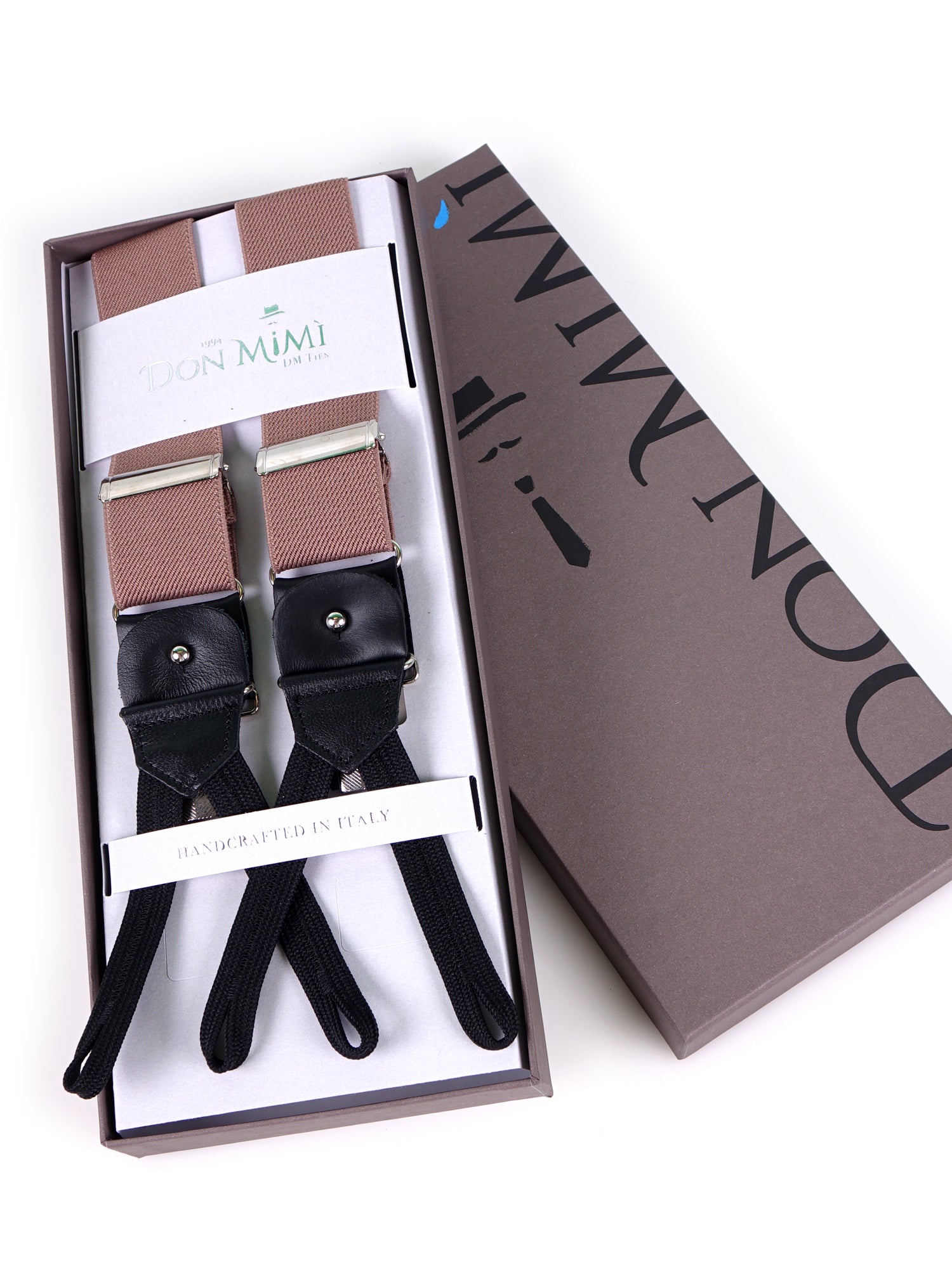 Bretella a Y in elastico con lacci clip e componenti in pelle nera ELASTIC Marrone Chiaro