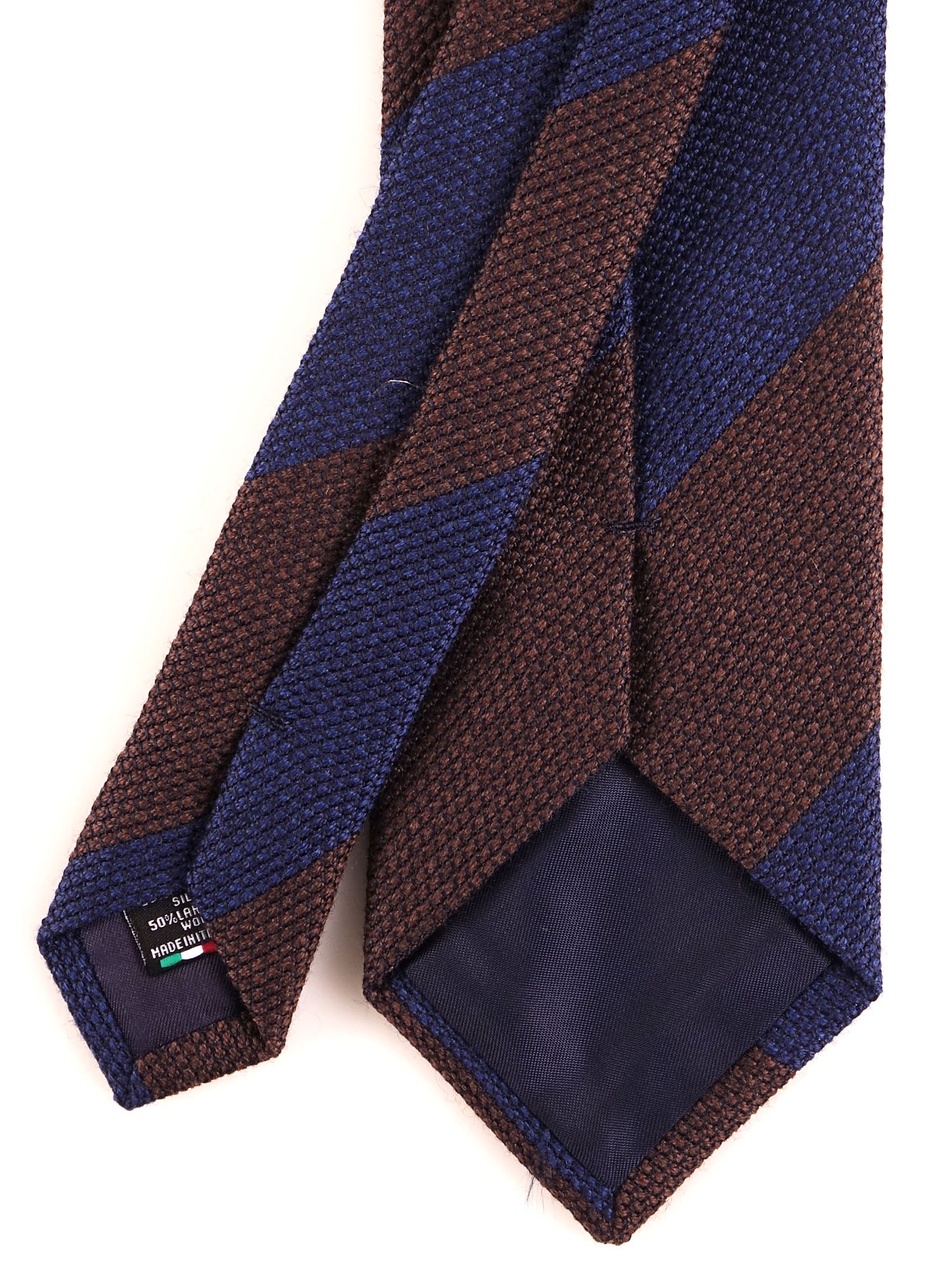 Cravatta 3 pieghe blu/marrone regimental in garza di seta/lana ISABEL