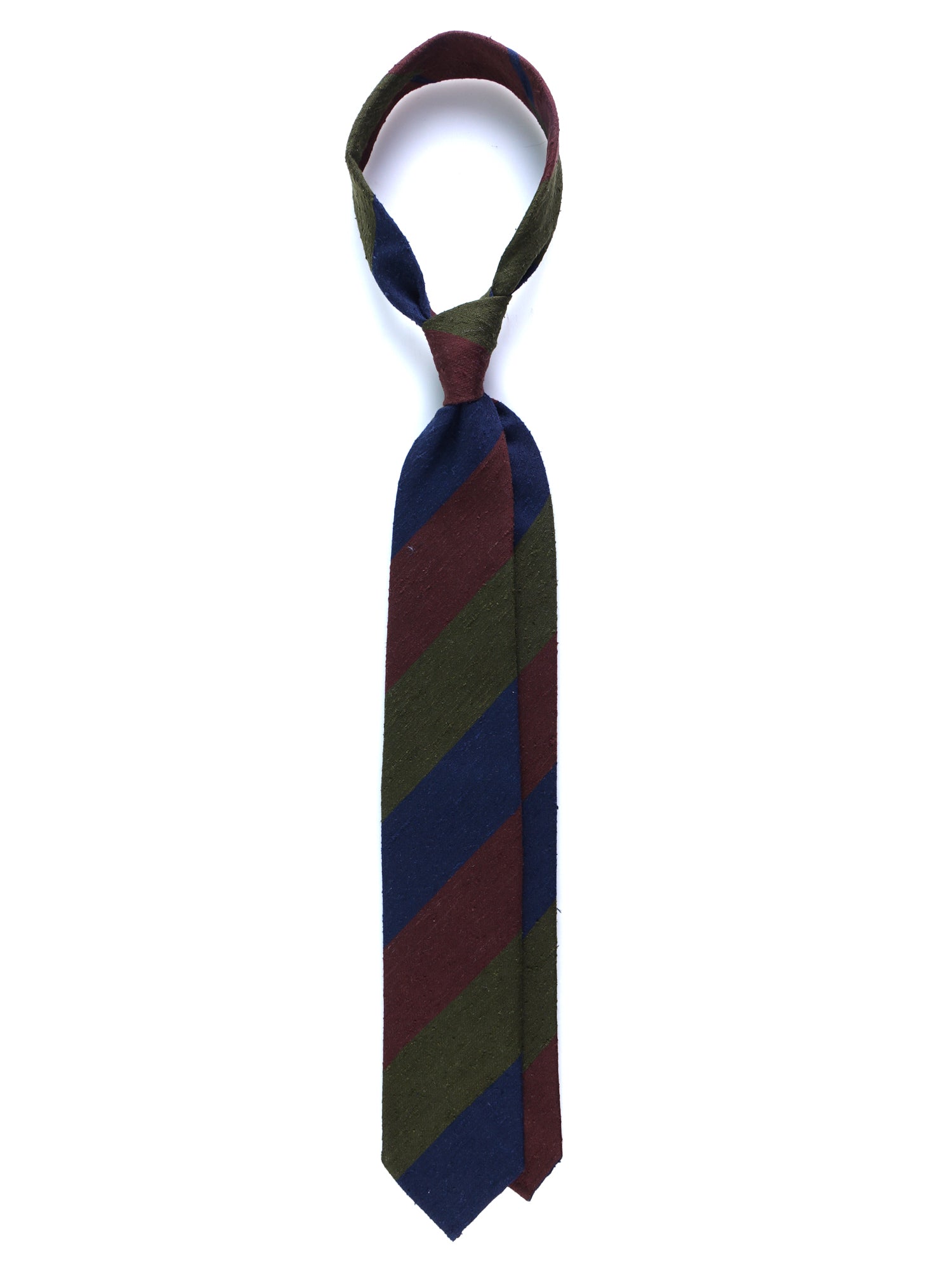 Cravatta 3 pieghe sfoderata verde/blu/marrone in seta shantung TRIGA