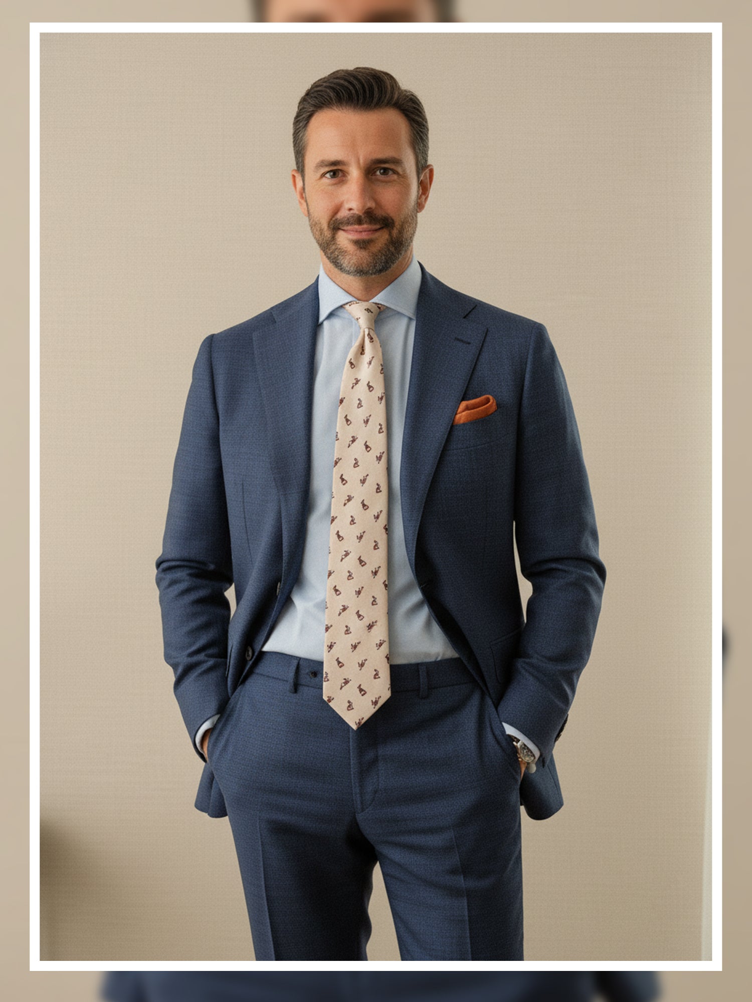 Cravatta avorio 3 Pieghe LEPRE in seta stampata